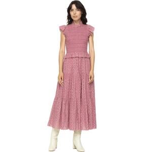 Sea New York Ingrid Midi Eyelet Ruffle Smocked Sleeveless Dress Rose Pink 8 Med